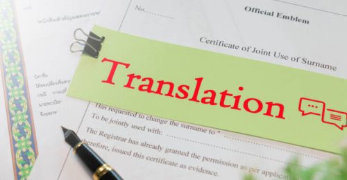 red translation text over English official translation paperwork for service