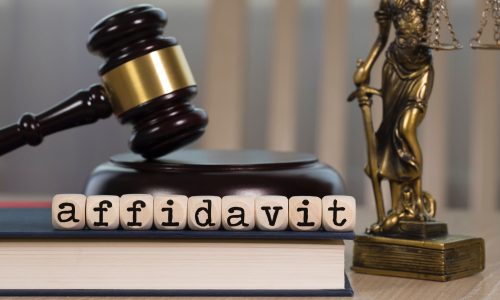 Word AFFIDAVIT  composed of wooden dices. Wooden gavel and statue of Themis in the background. Closeup